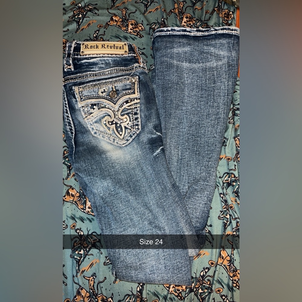 Rock Revival Blue Boot Cut Jeans with Embroidered Pocket
